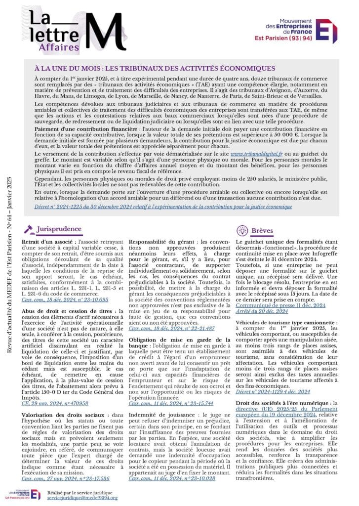 Ce bulletin est destiné à vous tenir informé(e)s des dernières nouveautés tant en droit des affaires qu’en droit fiscal au travers d’arrêts de jurisprudence, de textes législatifs réglementaires et d’autres sources officielles.